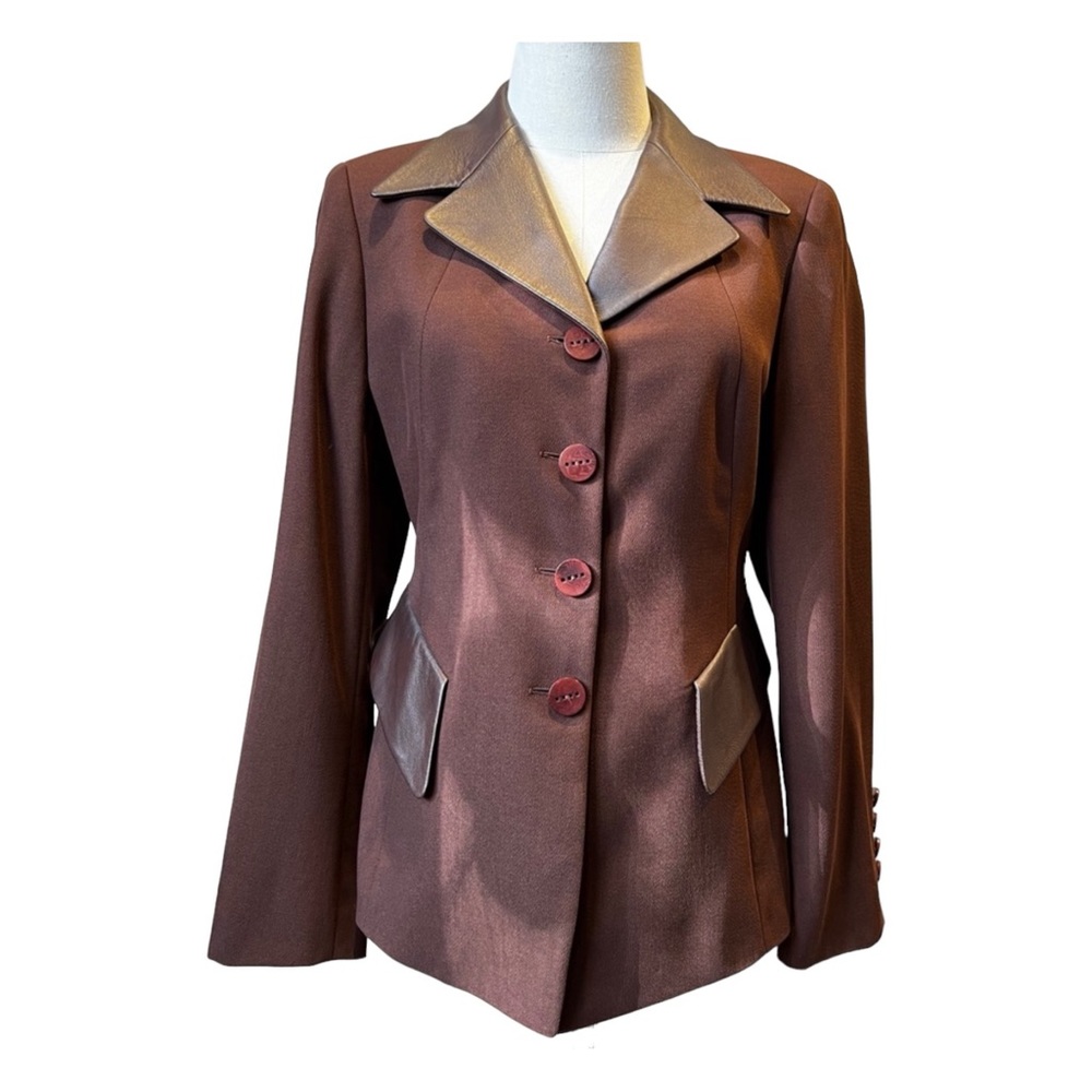ESCADA Elements/Vintage women's blazer with Leather Trim and Wooden Buttons sz 6 - Picture 1 of 15